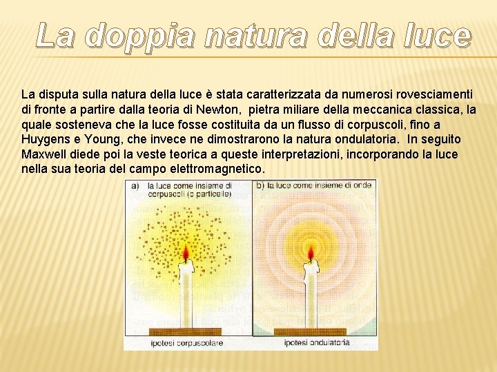 La doppia natura della luce La disputa sulla natura della luce è stata caratterizzata La doppia natura della luce La disputa sulla natura della luce è stata caratterizzata