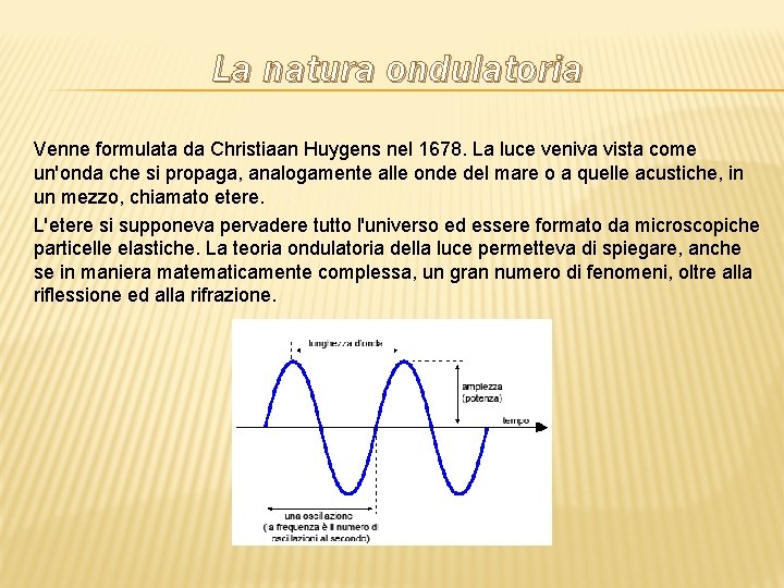 La natura ondulatoria Venne formulata da Christiaan Huygens nel 1678. La luce veniva vista