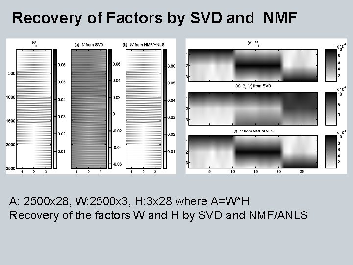 Recovery of Factors by SVD and NMF A: 2500 x 28, W: 2500 x