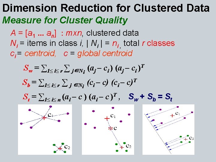 Dimension Reduction for Clustered Data Measure for Cluster Quality A = [a 1. .