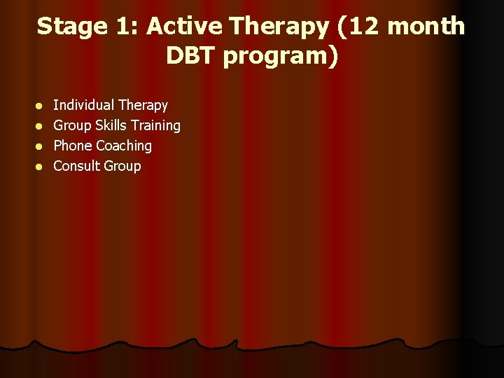 Stage 1: Active Therapy (12 month DBT program) l l Individual Therapy Group Skills