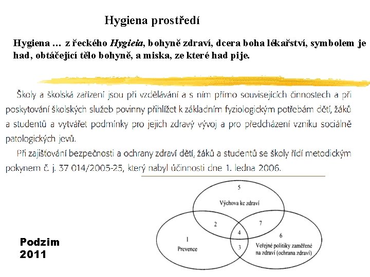 Hygiena prostředí Hygiena … z řeckého Hygieia, bohyně zdraví, dcera boha lékařství, symbolem je