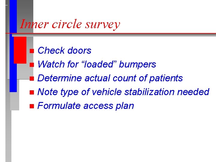 Inner circle survey Check doors n Watch for “loaded” bumpers n Determine actual count