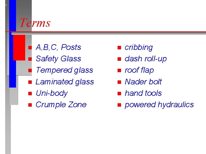 Terms n n n A, B, C, Posts Safety Glass Tempered glass Laminated glass