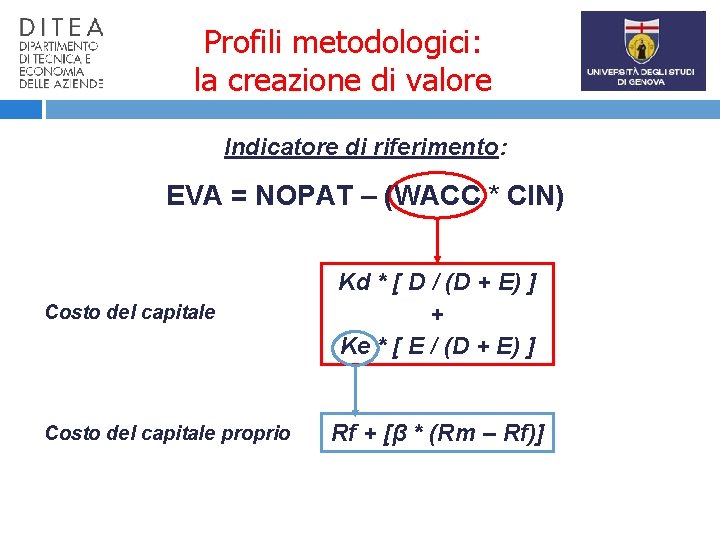 Profili metodologici: la creazione di valore Indicatore di riferimento: EVA = NOPAT – (WACC