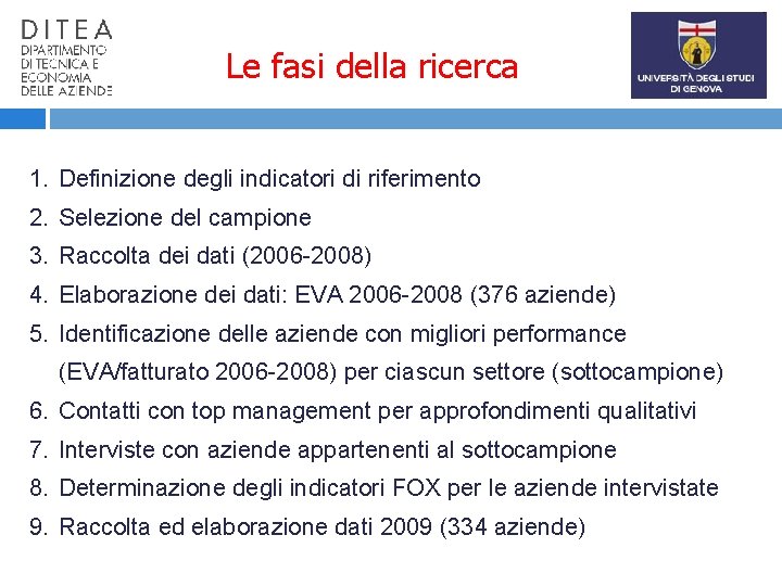 Le fasi della ricerca 1. Definizione degli indicatori di riferimento 2. Selezione del campione