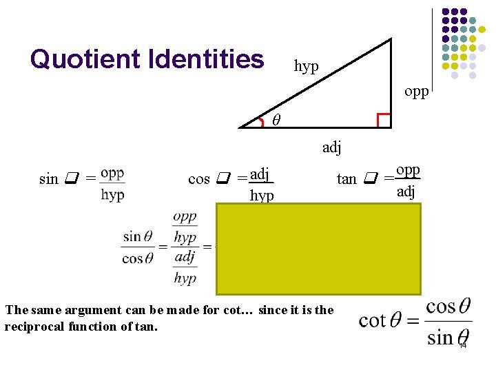 Quotient Identities hyp opp θ adj sin = cos = adj hyp tan =