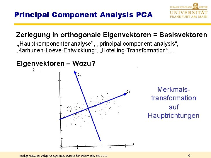 Principal Component Analysis PCA Zerlegung in orthogonale Eigenvektoren = Basisvektoren „Hauptkomponentenanalyse“, „principal component analysis“,