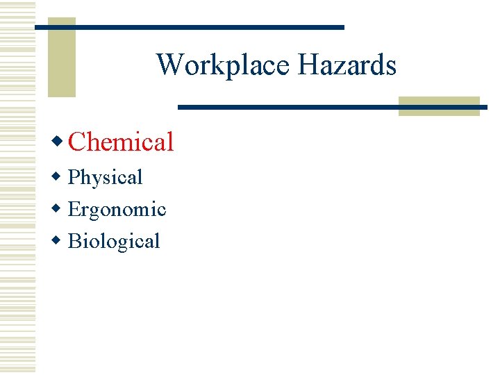 Workplace Hazards w Chemical w Physical w Ergonomic w Biological 