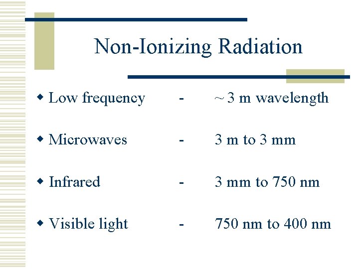 Non-Ionizing Radiation w Low frequency - ~ 3 m wavelength w Microwaves - 3