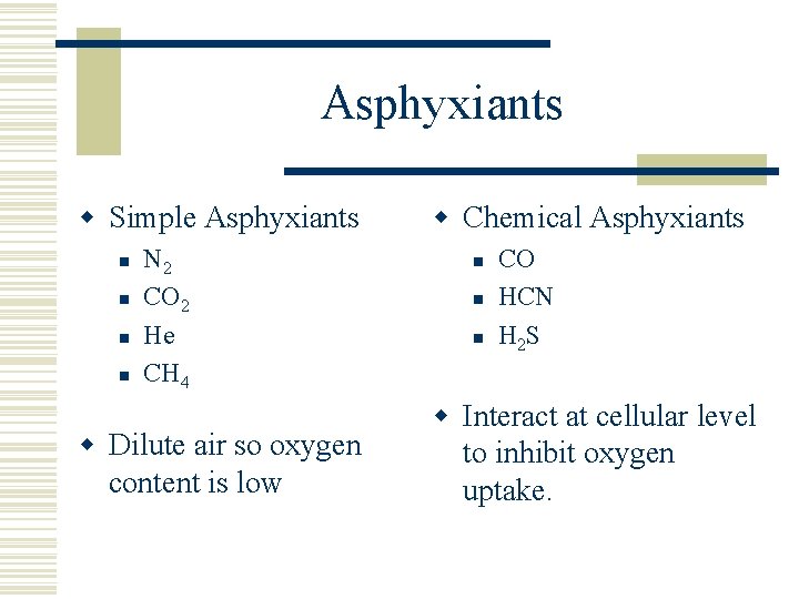 Asphyxiants w Simple Asphyxiants n n N 2 CO 2 He CH 4 w