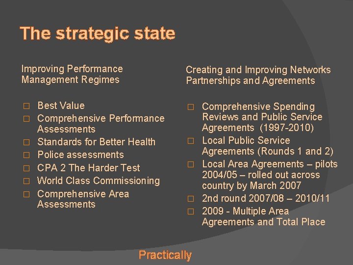 The strategic state Improving Performance Management Regimes � � � � Creating and Improving