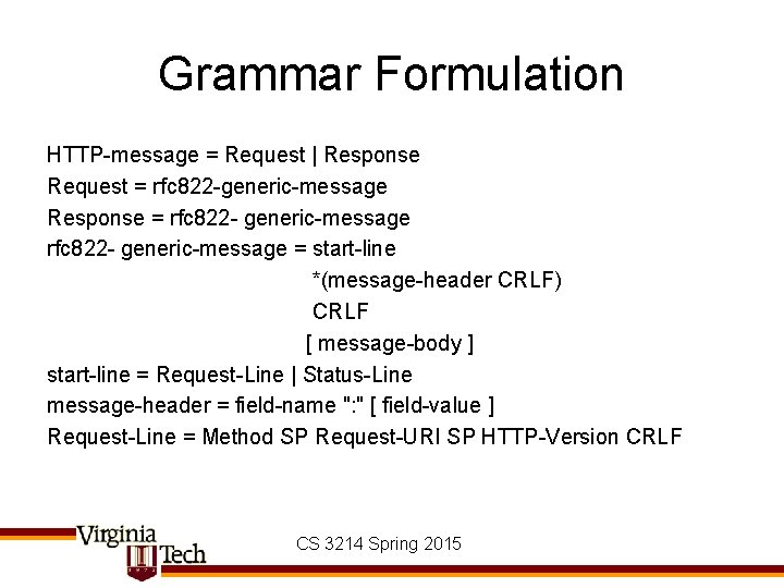 Grammar Formulation HTTP-message = Request | Response Request = rfc 822 -generic-message Response =