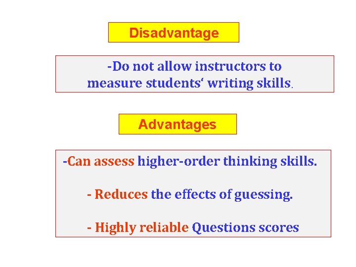 Disadvantage -Do not allow instructors to measure students‘ writing skills. Advantages -Can assess higher-order
