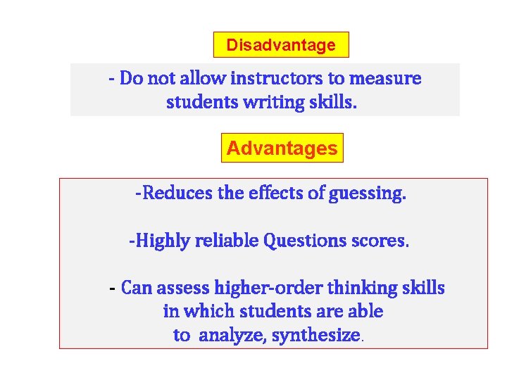 Disadvantage - Do not allow instructors to measure students writing skills. Advantages -Reduces the