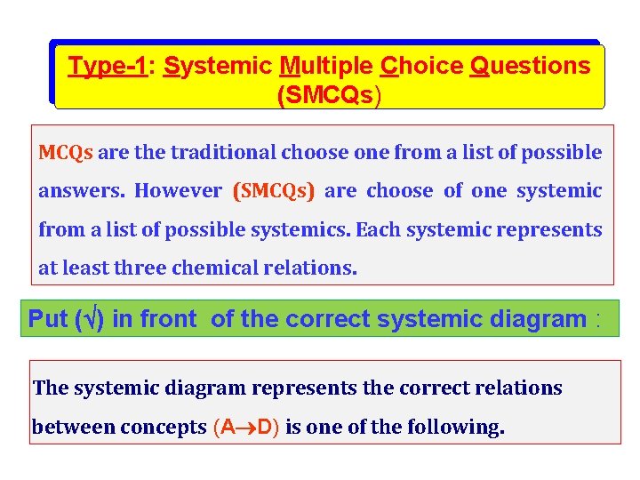 Type-1: Systemic Multiple Choice Questions (SMCQs) MCQs are the traditional choose one from a
