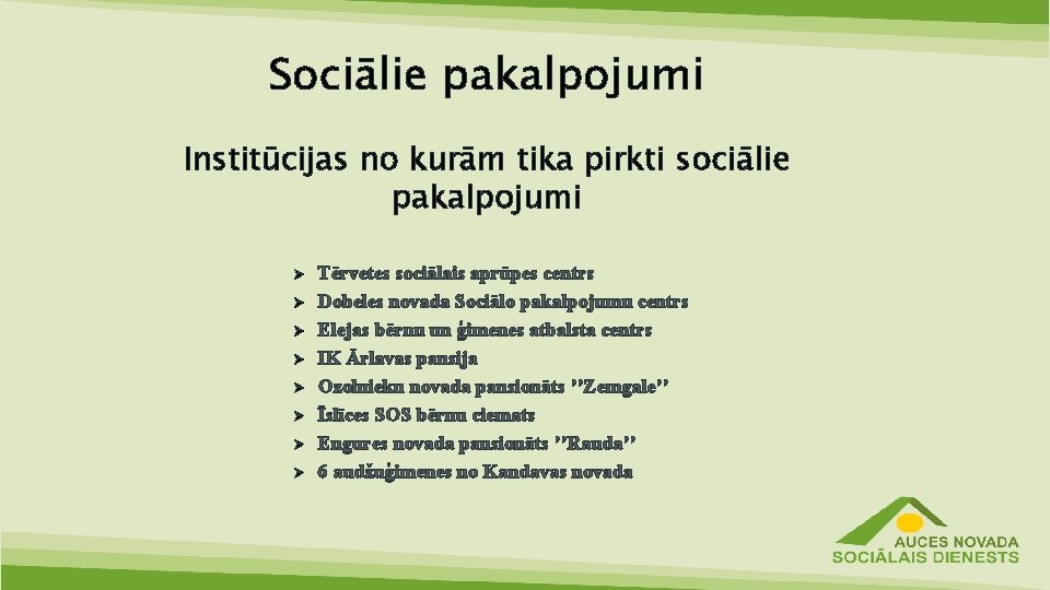 Sociālie pakalpojumi Institūcijas no kurām tika pirkti sociālie pakalpojumi Ø Ø Ø Ø Tērvetes