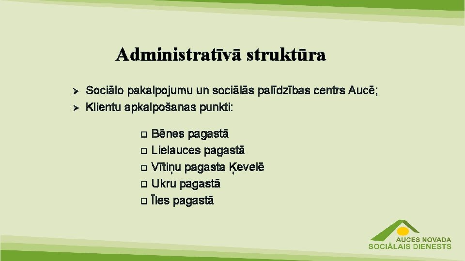 Administratīvā struktūra Ø Ø Sociālo pakalpojumu un sociālās palīdzības centrs Aucē; Klientu apkalpošanas punkti: