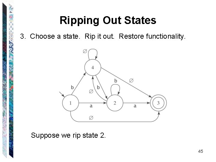 Ripping Out States 3. Choose a state. Rip it out. Restore functionality. Suppose we