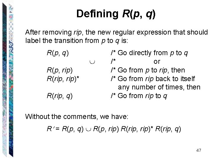 Defining R(p, q) After removing rip, the new regular expression that should label the