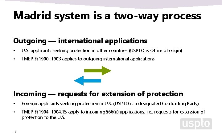 Madrid system is a two-way process Outgoing — international applications • U. S. applicants Madrid system is a two-way process Outgoing — international applications • U. S. applicants