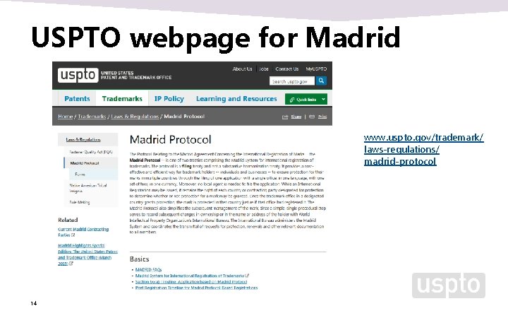 USPTO webpage for Madrid www. uspto. gov/trademark/ laws-regulations/ madrid-protocol 14 USPTO webpage for Madrid www. uspto. gov/trademark/ laws-regulations/ madrid-protocol 14