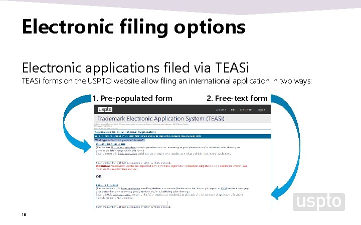Electronic filing options Electronic applications filed via TEASi forms on the USPTO website allow Electronic filing options Electronic applications filed via TEASi forms on the USPTO website allow