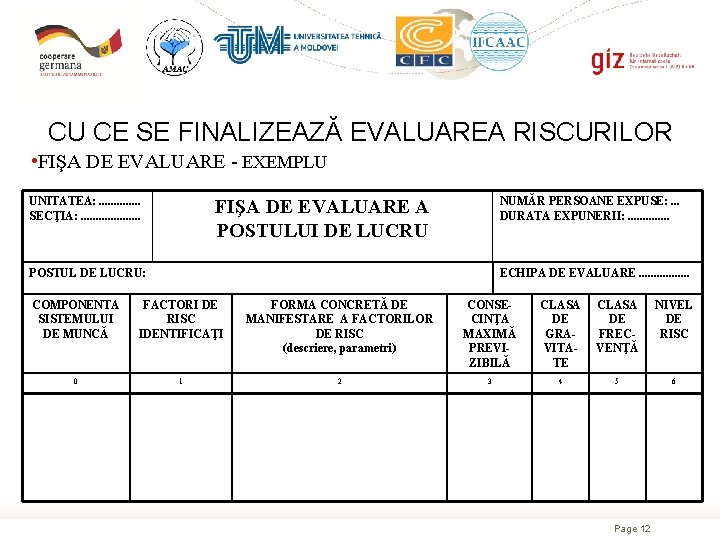 CU CE SE FINALIZEAZĂ EVALUAREA RISCURILOR • FIŞA DE EVALUARE - EXEMPLU UNITATEA: .