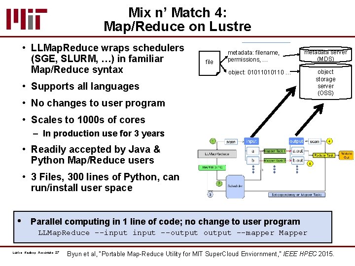 Mix n’ Match 4: Map/Reduce on Lustre • LLMap. Reduce wraps schedulers (SGE, SLURM,