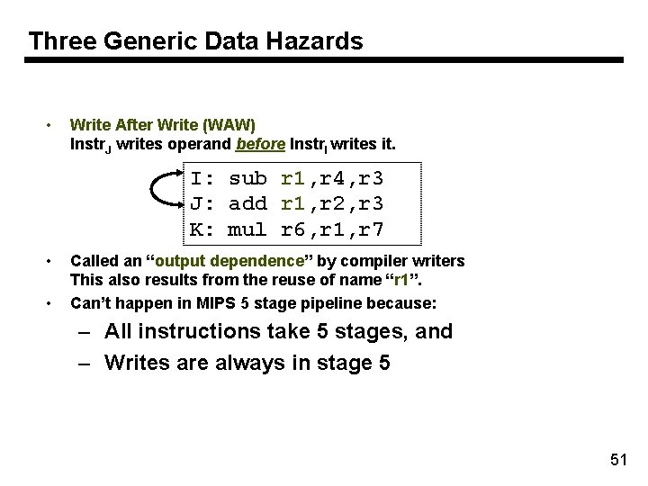 Three Generic Data Hazards • Write After Write (WAW) Instr. J writes operand before