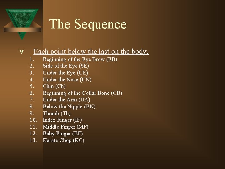 The Sequence Ú Each point below the last on the body. 1. 2. 3.