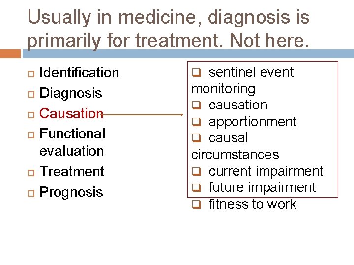 Usually in medicine, diagnosis is primarily for treatment. Not here. Identification Diagnosis Causation Functional