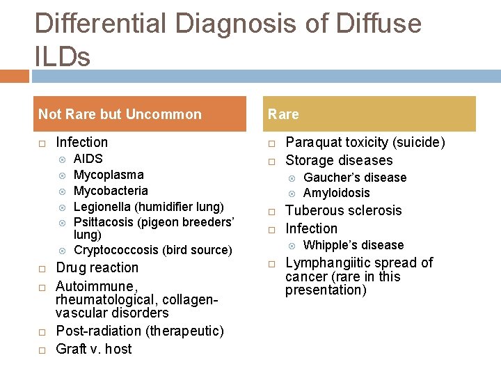 Differential Diagnosis of Diffuse ILDs Not Rare but Uncommon Infection AIDS Mycoplasma Mycobacteria Legionella