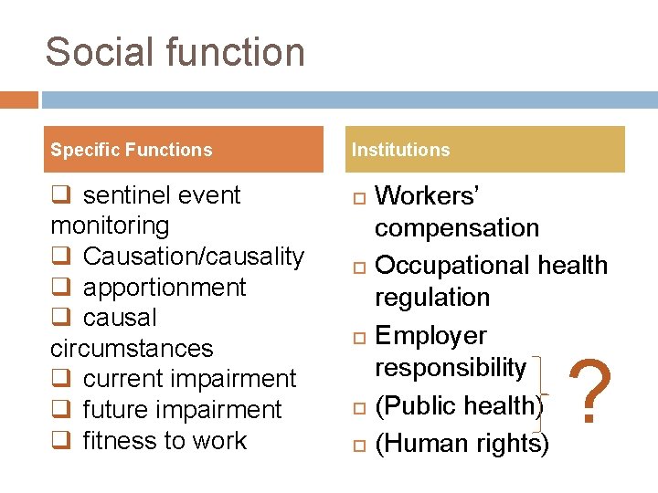 Social function Specific Functions q sentinel event monitoring q Causation/causality q apportionment q causal