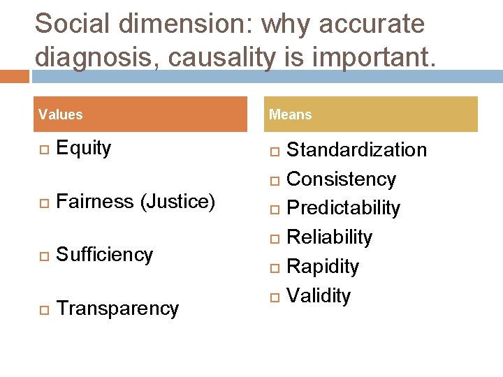 Social dimension: why accurate diagnosis, causality is important. Values Equity Means Fairness (Justice) Sufficiency