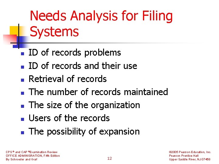 Needs Analysis for Filing Systems n n n n ID of records problems ID