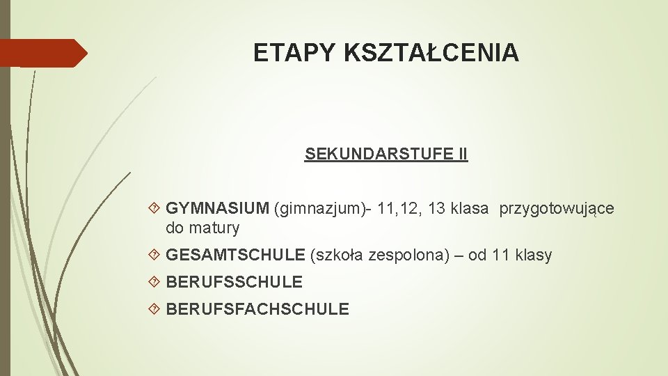 ETAPY KSZTAŁCENIA SEKUNDARSTUFE II GYMNASIUM (gimnazjum)- 11, 12, 13 klasa przygotowujące do matury GESAMTSCHULE