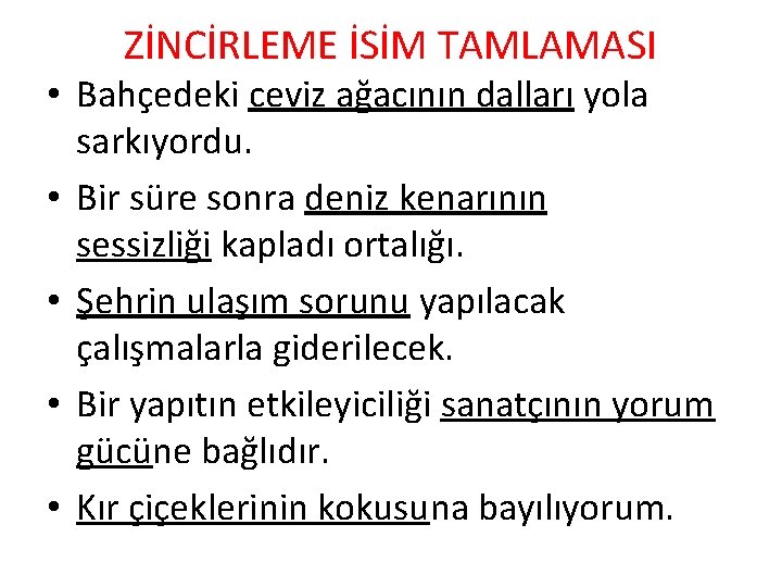 ZİNCİRLEME İSİM TAMLAMASI • Bahçedeki ceviz ağacının dalları yola sarkıyordu. • Bir süre sonra