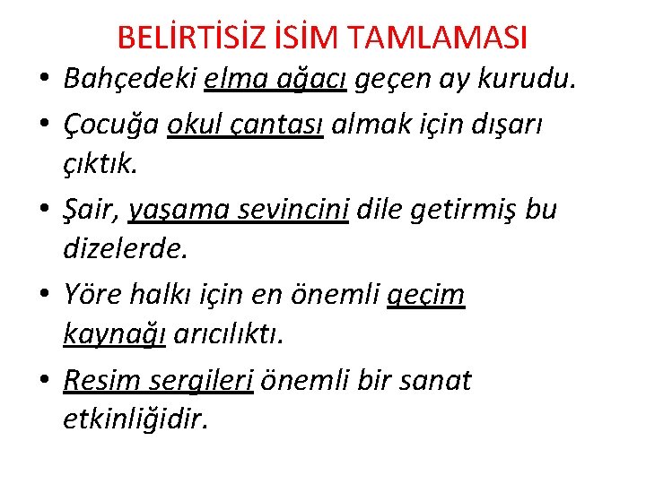 BELİRTİSİZ İSİM TAMLAMASI • Bahçedeki elma ağacı geçen ay kurudu. • Çocuğa okul çantası