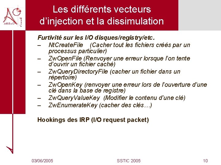 Les différents vecteurs d’injection et la dissimulation Furtivité sur les I/O disques/registry/etc. – Nt.