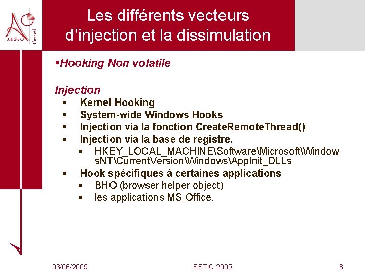 Les différents vecteurs d’injection et la dissimulation §Hooking Non volatile Injection § § §