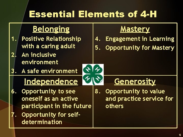 Essential Elements of 4 -H Belonging 1. Positive Relationship with a caring adult 2.