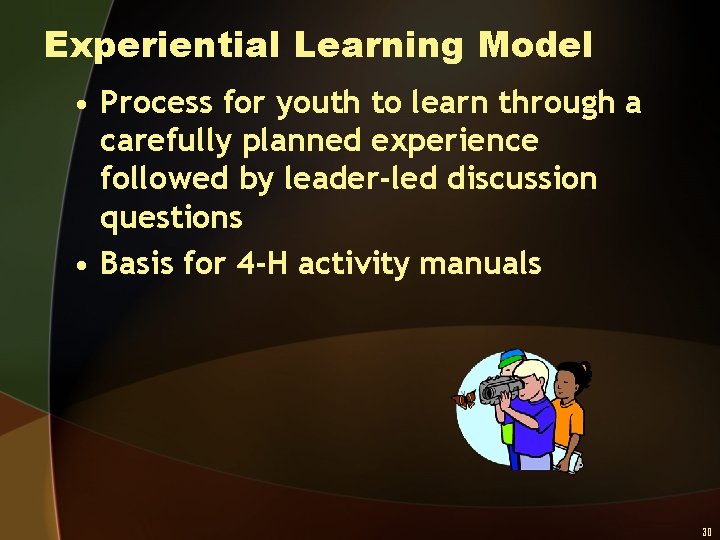 Experiential Learning Model • Process for youth to learn through a carefully planned experience