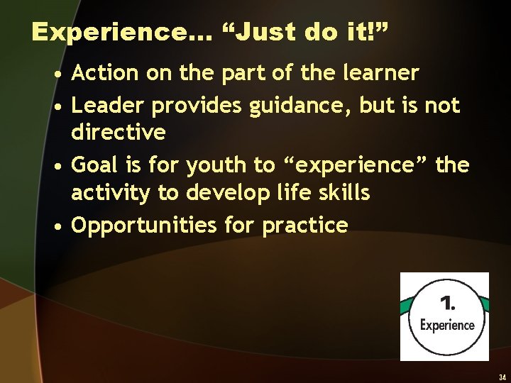 Experience… “Just do it!” • Action on the part of the learner • Leader