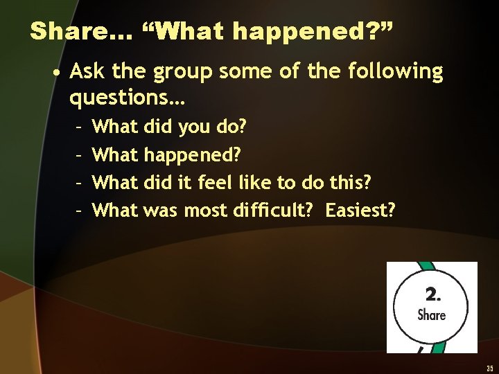 Share… “What happened? ” • Ask the group some of the following questions… –