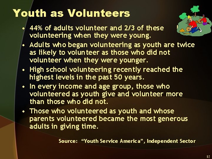 Youth as Volunteers • 44% of adults volunteer and 2/3 of these began volunteering
