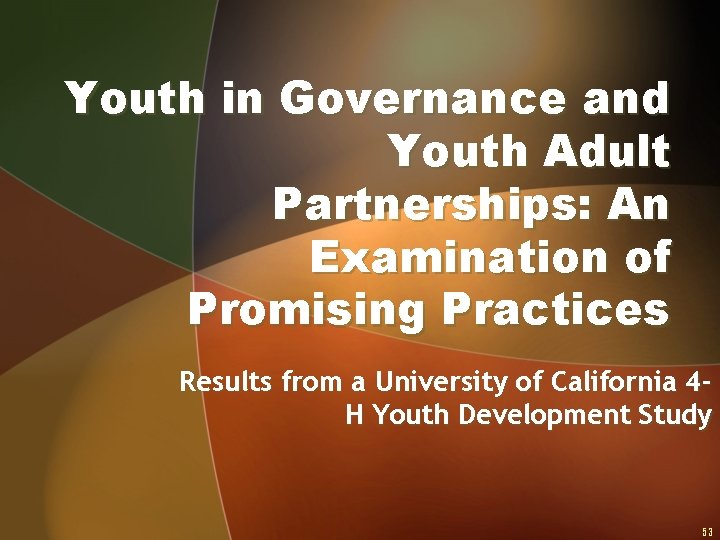 Youth in Governance and Youth Adult Partnerships: An Examination of Promising Practices Results from