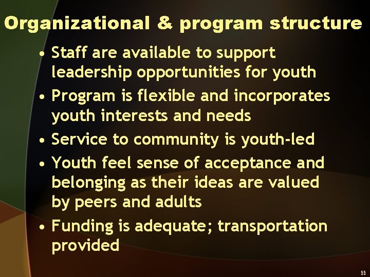 Organizational & program structure • Staff are available to support leadership opportunities for youth