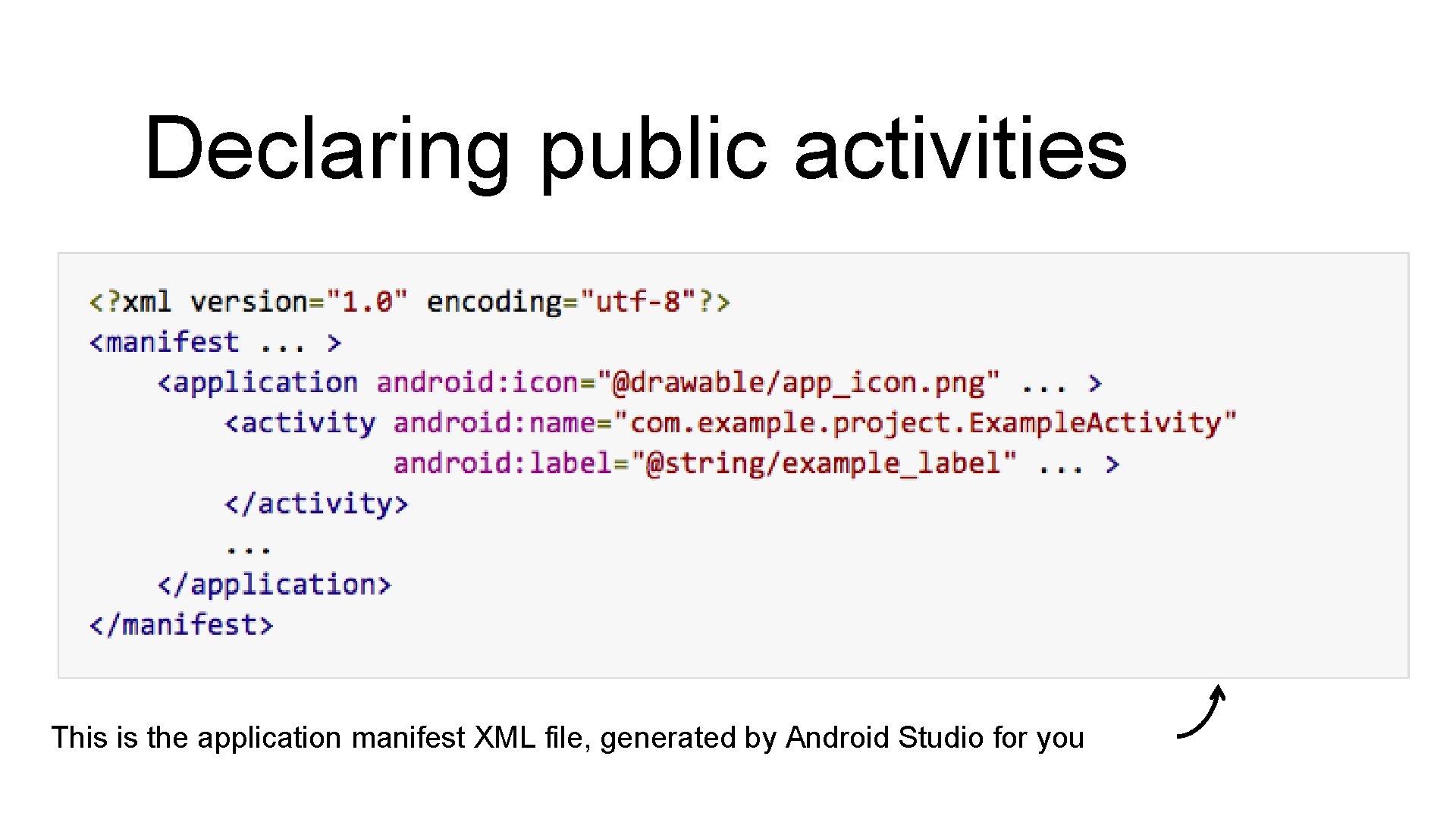 Declaring public activities This is the application manifest XML file, generated by Android Studio