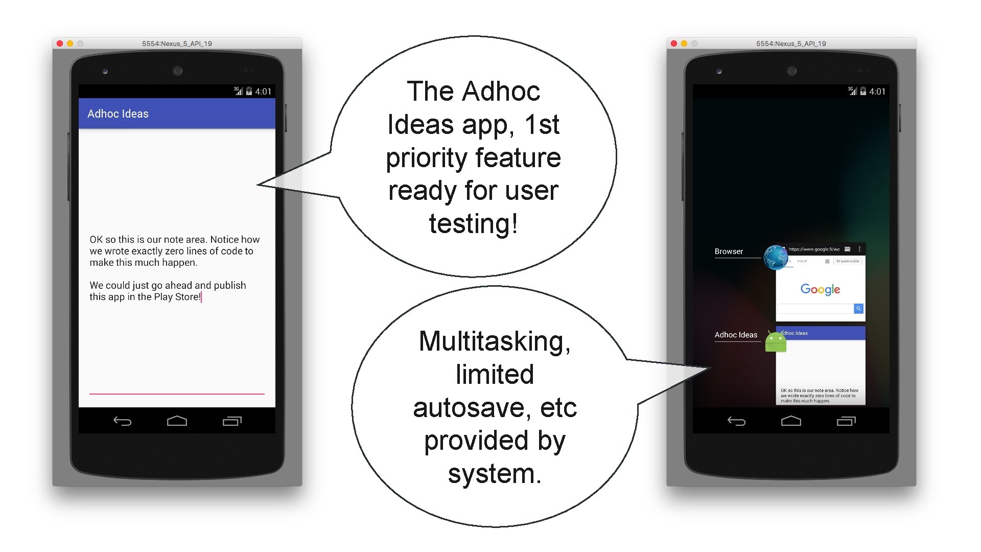 The Adhoc Ideas app, 1 st priority feature ready for user testing! Multitasking, limited